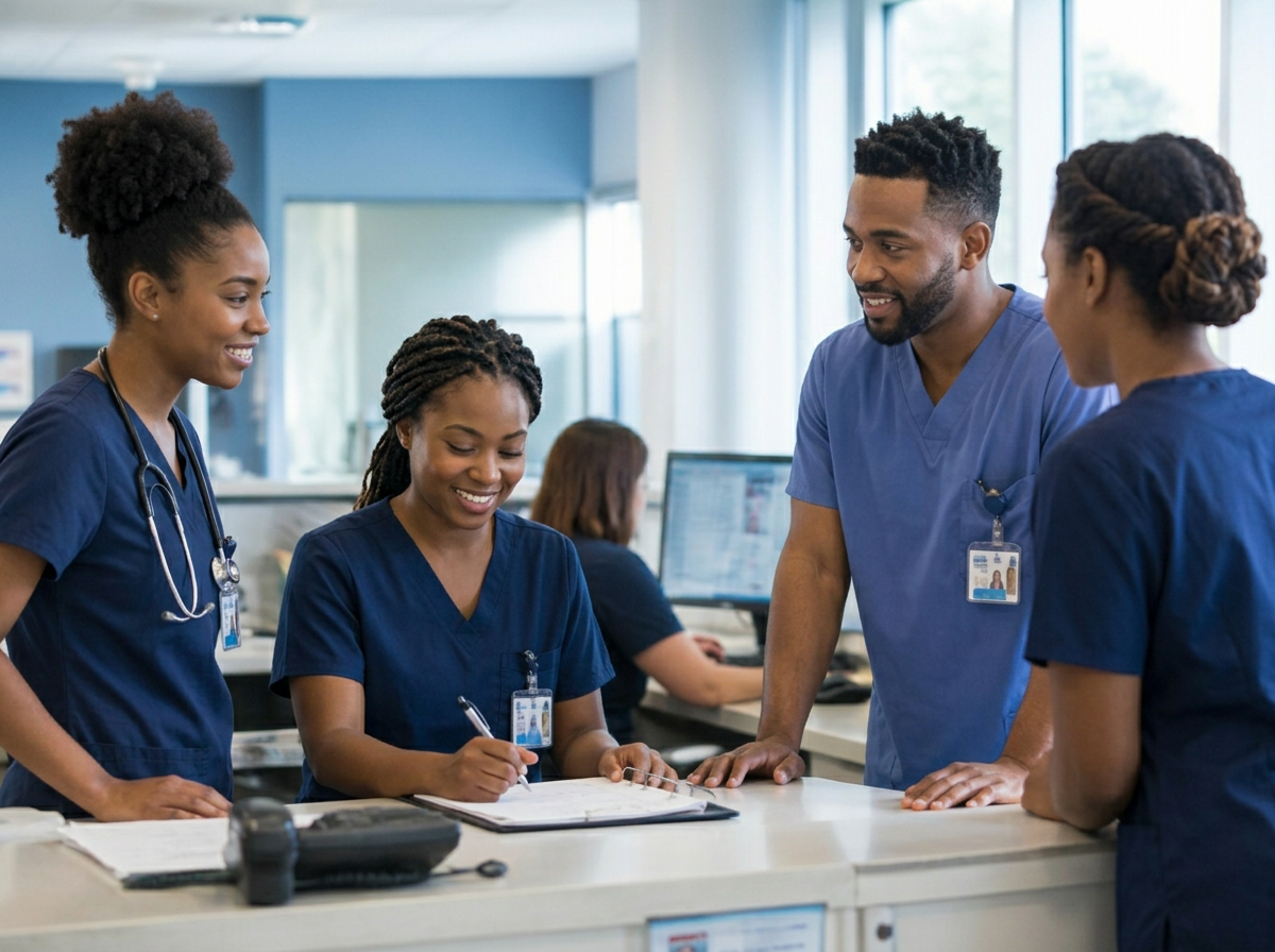 Healthcare professionals collaborating at a nurses' station